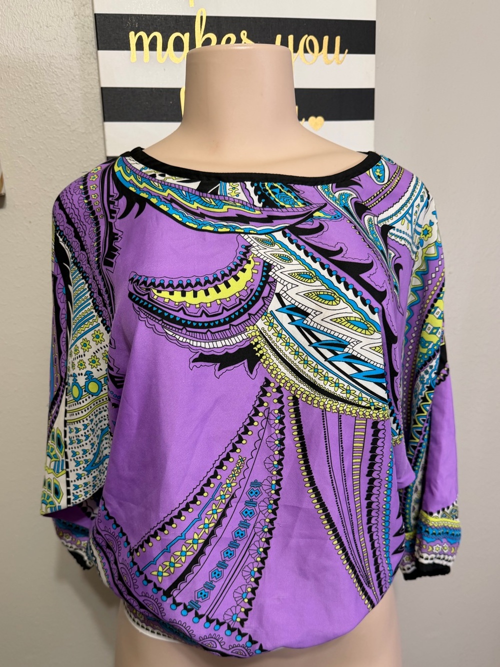 New York & Company Purple Paisley Print Boatneck Blouse
